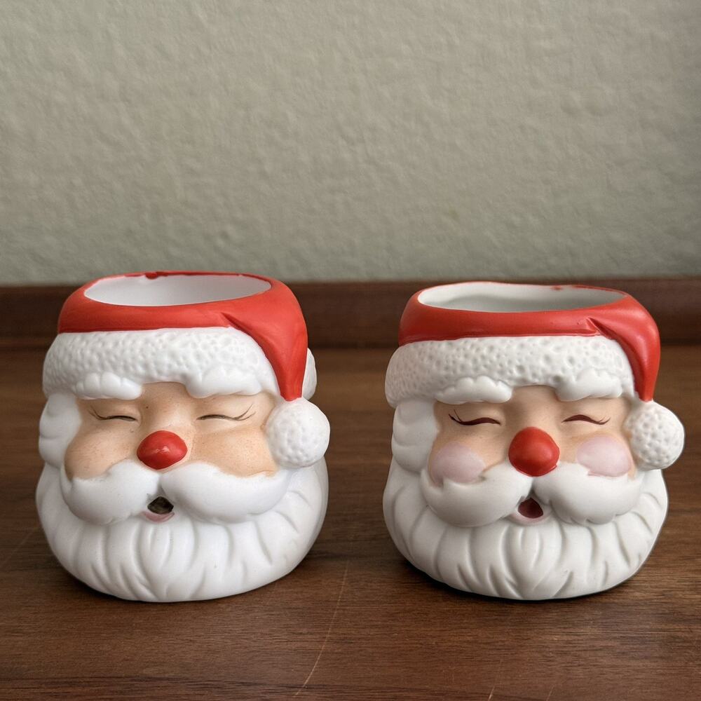 Hallmark Ceramic Santa Claus Head Votive Candle Holder MCM Pair Of VTG 1970s